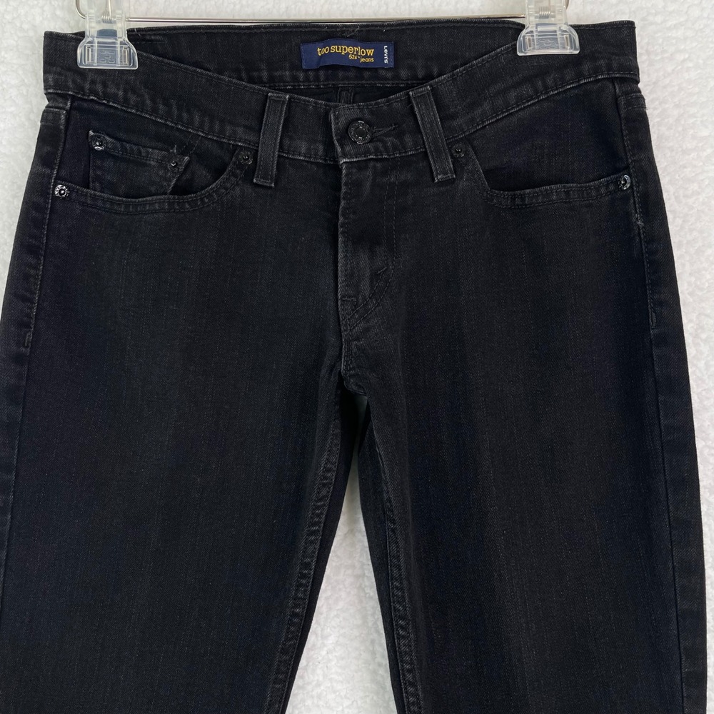 Levis Too Superlow 524 Jeans Womens 7M Black Skinny Low Rise Raw Hem Denim Pants